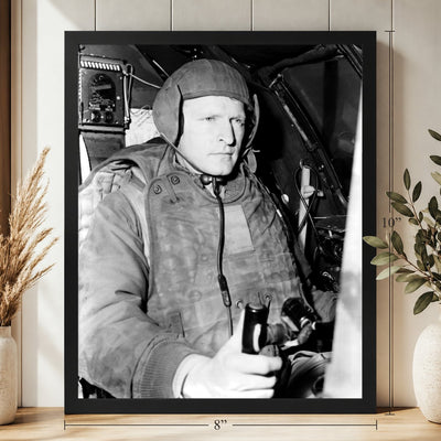 B-29 Pilot on Okinawa, 1951, 8 x 10 inch vintage photo print in a black frame on a shelf