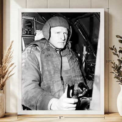 B-29 Pilot on Okinawa, 1951, 8 x 10 inch vintage photo print in a white frame on a shelf