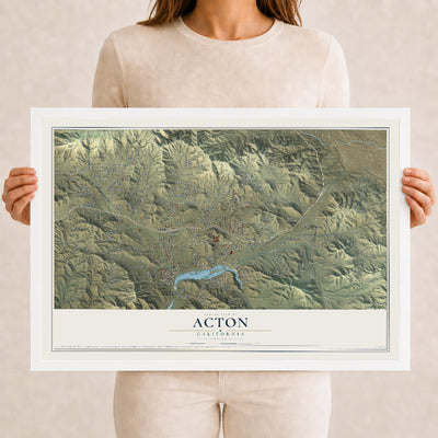 Map of Acton, California, 12 x 18 inch print in a white wood frame