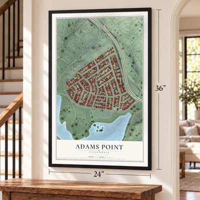 Adams Point, California map, 24 x 36 inch print in a black frame by a staircase