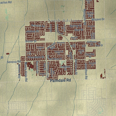Close-up of the map of Adelanto, California print showing street and building detail