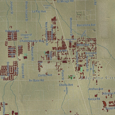 Second close-up of the map of Adelanto, California print showing more streets and buildings