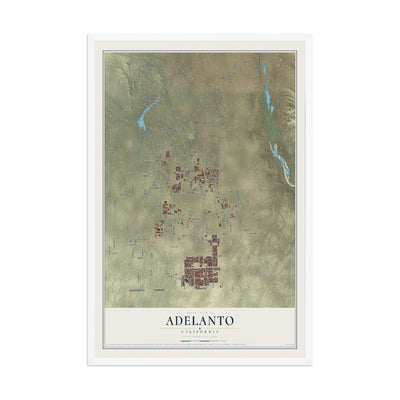 Map of Adelanto, California, 12 x 18 inch print in a white wood frame