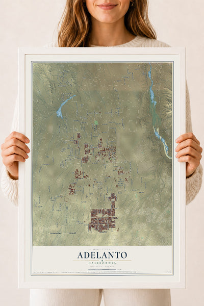 Map of Adelanto, California, 18 x 24 inch print in a white wood frame