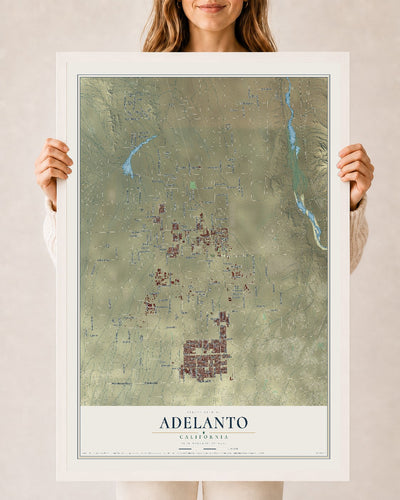 Map of Adelanto, California, 24 x 36 inch print in a white wood frame