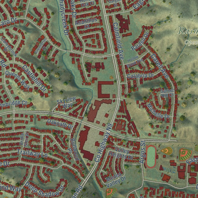 Second close-up of the map of Agoura Hills, California print showing more streets and buildings