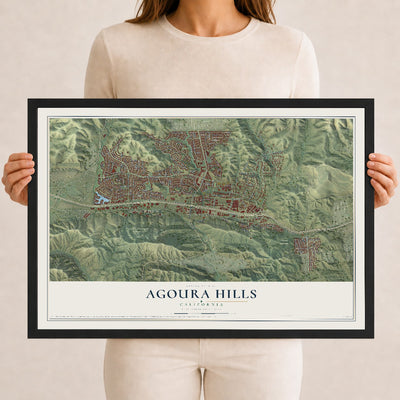 Map of Agoura Hills, California, 12 x 18 inch print in a black wood frame