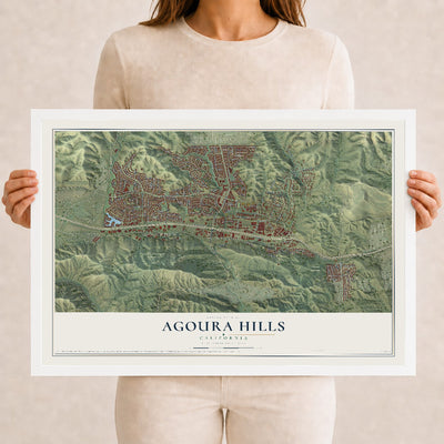Map of Agoura Hills, California, 12 x 18 inch print in a white wood frame