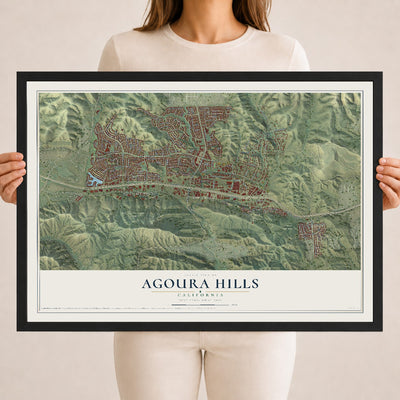 Map of Agoura Hills, California, 18 x 24 inch print in a black wood frame