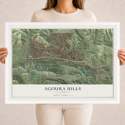 Map of Agoura Hills, California, 18 x 24 inch print in a white wood frame