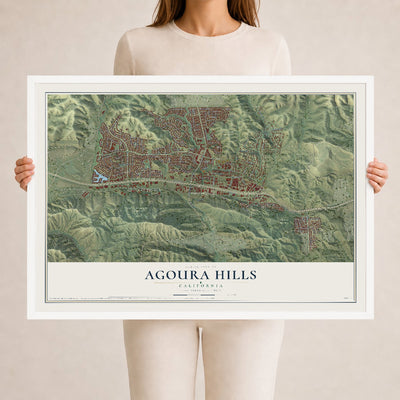 Map of Agoura Hills, California, 24 x 36 inch print in a white wood frame