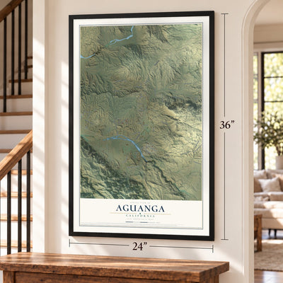 Aguanga, California map, 24 x 36 inch print in a black frame by a staircase