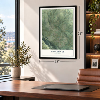 Ahwahnee, California map, 18 x 24 inch print in a black frame in a home office