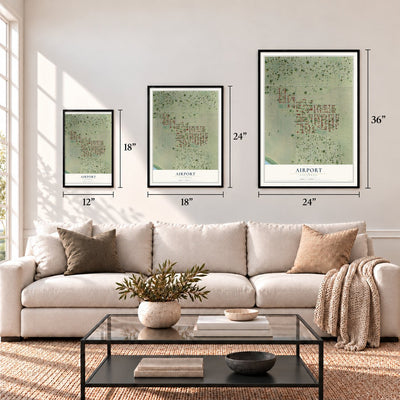 Airport, California map in 12 x 18, 18 x 24 and 24 x 36 inch sizes above a sofa