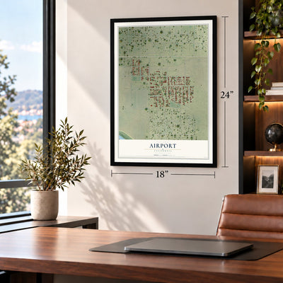 Airport, California map, 18 x 24 inch print in a black frame in a home office