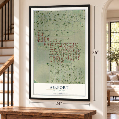 Airport, California map, 24 x 36 inch print in a black frame by a staircase