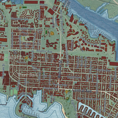 Close-up of the map of Alameda, California print showing street and building detail