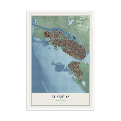 Map of Alameda, California, 12 x 18 inch print in a white wood frame