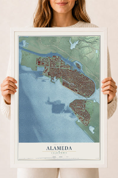 Map of Alameda, California, 18 x 24 inch print in a white wood frame