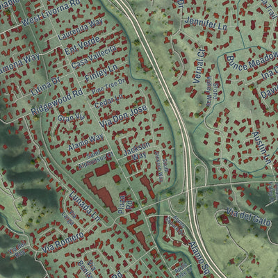 Close-up of the map of Alamo, California print showing street and building detail