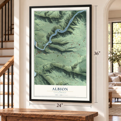 Albion, California map, 24 x 36 inch print in a black frame by a staircase