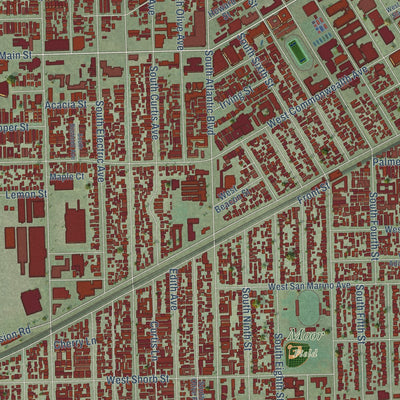 Close-up of the map of Alhambra, California print showing street and building detail