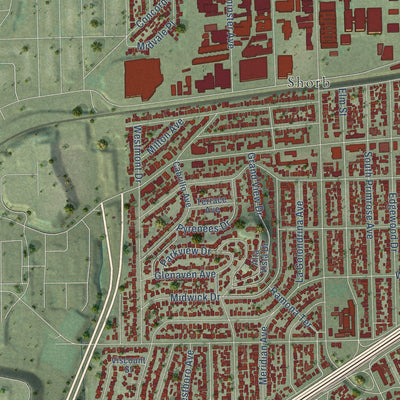 Second close-up of the map of Alhambra, California print showing more streets and buildings