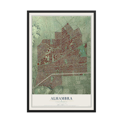 Map of Alhambra, California, 12 x 18 inch print in a black wood frame