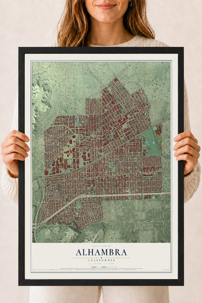 Map of Alhambra, California, 18 x 24 inch print in a black wood frame