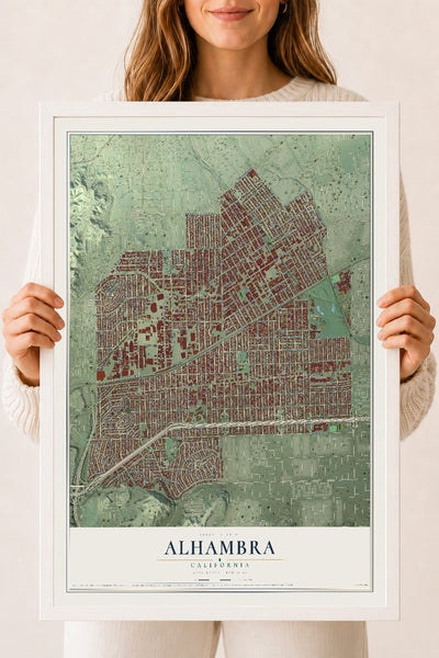 Map of Alhambra, California, 18 x 24 inch print in a white wood frame