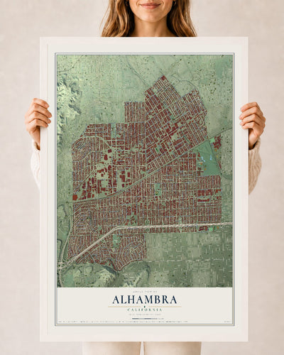 Map of Alhambra, California, 24 x 36 inch print in a white wood frame