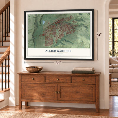 Allied Gardens, California map, 24 x 36 inch print in a black frame above a dresser by a staircase