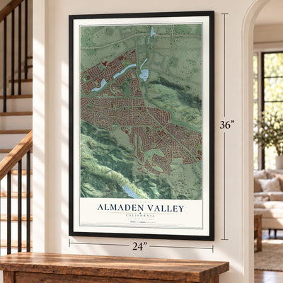 Almaden Valley, California map, 24 x 36 inch print in a black frame by a staircase