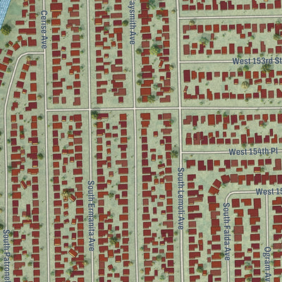 Close-up of the map of Alondra Park, California print showing street and building detail