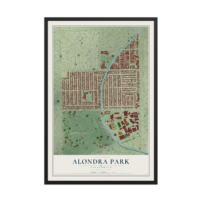 Map of Alondra Park, California, 12 x 18 inch print in a black wood frame
