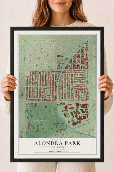 Map of Alondra Park, California, 18 x 24 inch print in a black wood frame