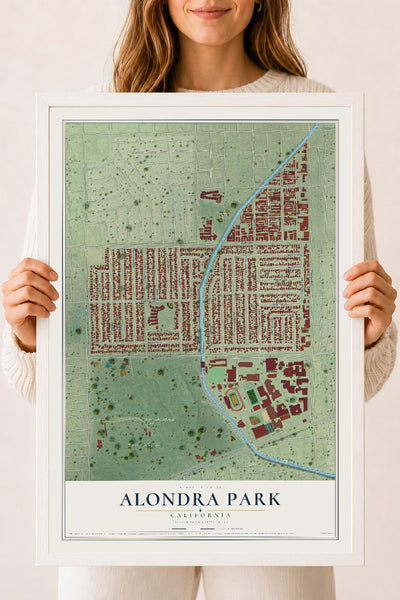 Map of Alondra Park, California, 18 x 24 inch print in a white wood frame