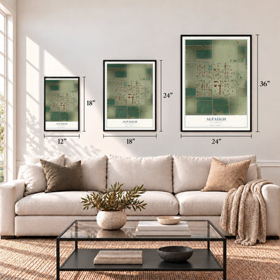 Alpaugh, California map in 12 x 18, 18 x 24 and 24 x 36 inch sizes above a sofa