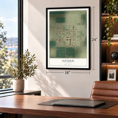 Alpaugh, California map, 18 x 24 inch print in a black frame in a home office