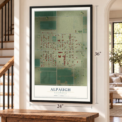 Alpaugh, California map, 24 x 36 inch print in a black frame by a staircase