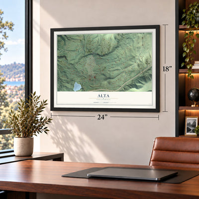 Alta, California map, 18 x 24 inch print in a black frame in a home office