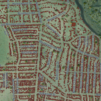 Close-up of the map of Altadena, California print showing street and building detail