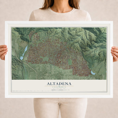Map of Altadena, California, 18 x 24 inch print in a white wood frame