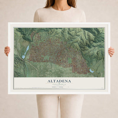 Map of Altadena, California, 24 x 36 inch print in a white wood frame