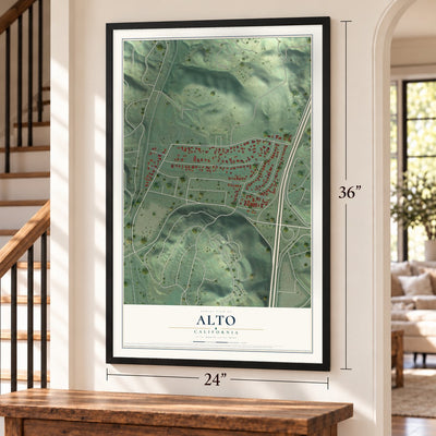 Alto, California map, 24 x 36 inch print in a black frame by a staircase
