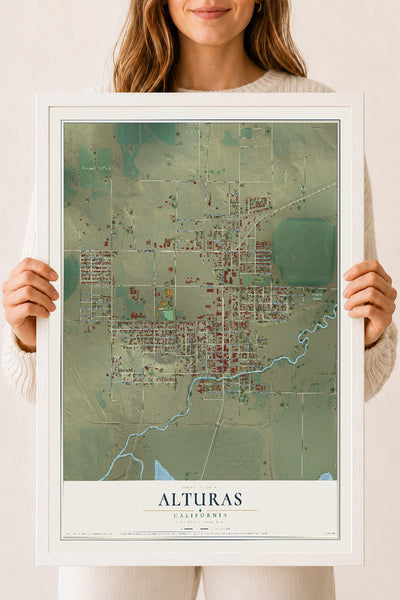 Map of Alturas, California, 18 x 24 inch print in a white wood frame