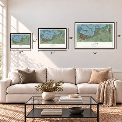 Alviso, California map in 12 x 18, 18 x 24 and 24 x 36 inch sizes above a sofa