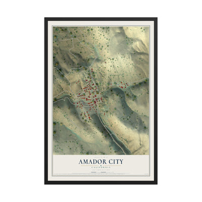 Map of Amador City, California, 12 x 18 inch print in a black wood frame