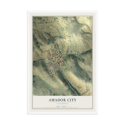 Map of Amador City, California, 12 x 18 inch print in a white wood frame