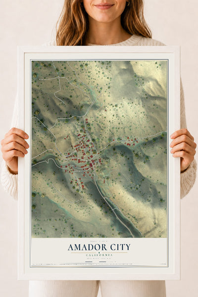 Map of Amador City, California, 18 x 24 inch print in a white wood frame